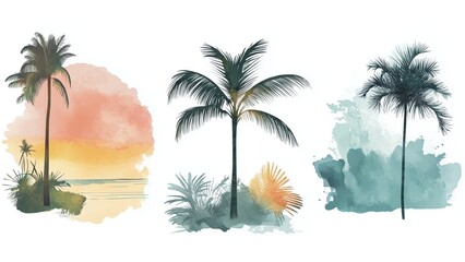 Obraz premium Set of abstract art tropical island landscape illustration with plants minimal with watercolor painting brush texture decoration elements design
