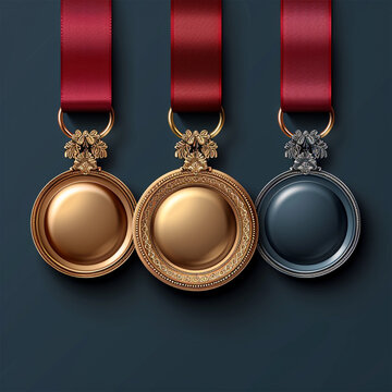 Three medal with gold madel and silver, bronze madel and red ribbon. vector illustration. Made with generative ai
