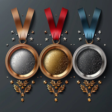 Three medal with gold madel and silver, bronze madel and red ribbon. vector illustration. Made with generative ai
