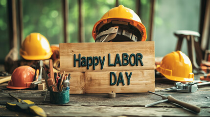 text "Happy LABOR DAY", banner with hard hat, construction helmet and workers tools. Background with text Happy Labor Day. Construction tools at the side.