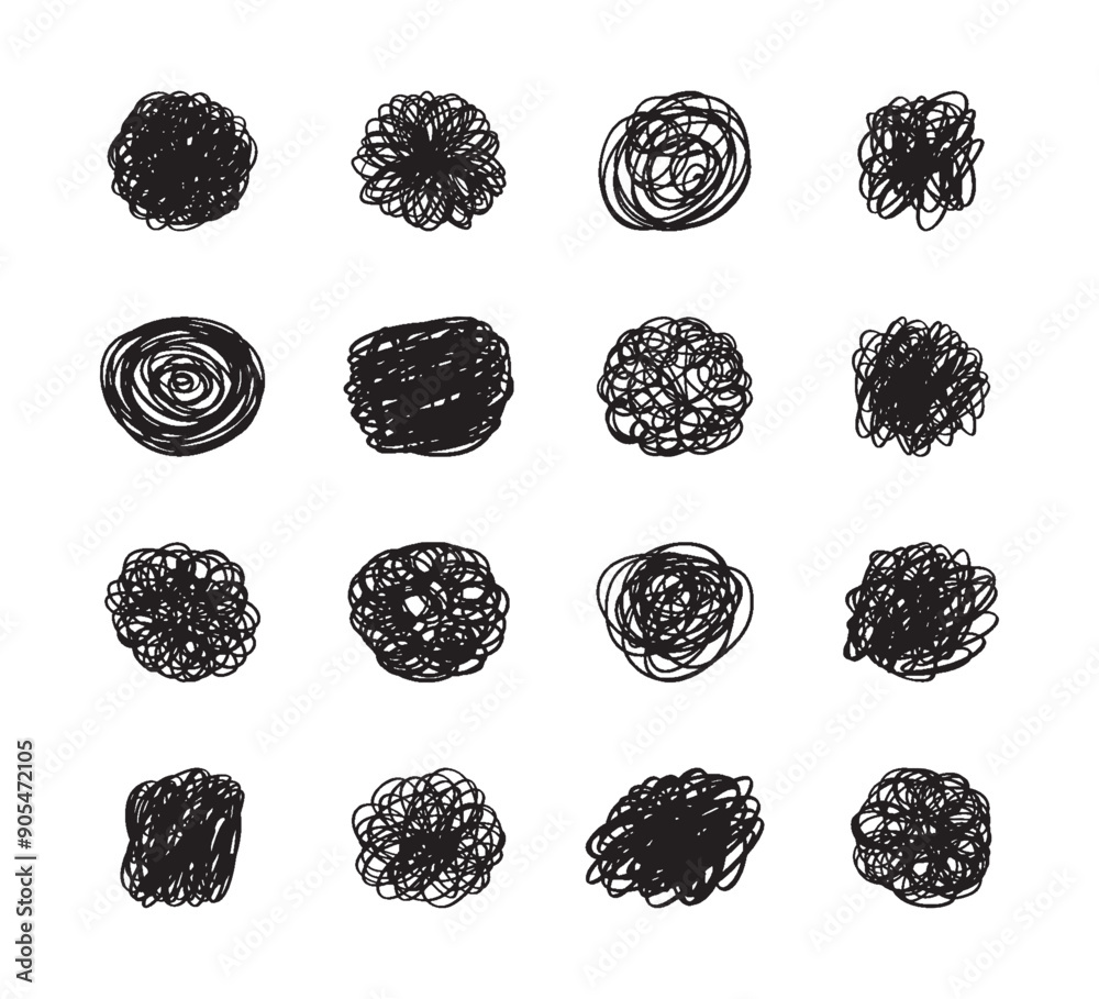 Poster random scribble shapes. collection of chaotic hand-drawn doodles. vector illustration for artistic d