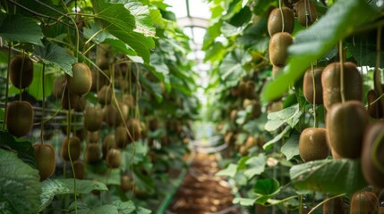 Rows of kiwi fruit hang from green vines in a greenhouse, well-lit by the sun, showcasing their healthy growth.
