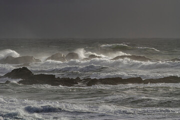 Winter rough sea at sunset