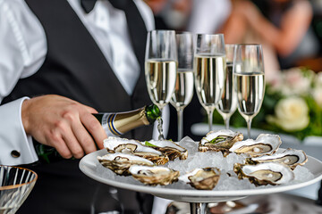 Glamorous event with a waiter serving oysters and pouring champagne into flutes, with guests in formal attire mingling in a stylish venue.