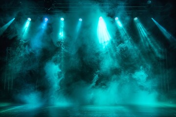 Naklejka premium Illuminated foggy stage with scenic blue lights and smoke