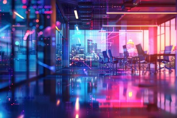 Modern color neon cyberpunk open space office interior with information technology frame overlay