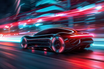 Modern futuristic car with neon glow in motion