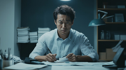 Asian Man Working Late in Office, Stressful Work Environment, Paperwork