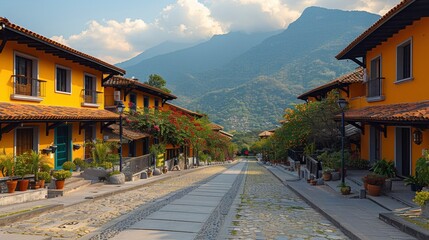 Cobblestone Street with Yellow Buildings and Mountain View in a Village