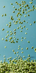 Green Mung Beans Falling onto a Pile of Mung Beans