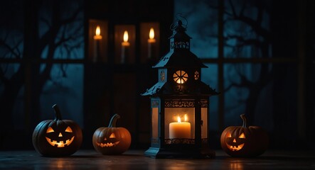 Fototapeta premium Dark haunted house decoration for Halloween party background with Pumpkin candle in Spooky Night, ghost day design concept