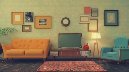 A vintage living room with an orange couch, a blue armchair, and a retro television set.