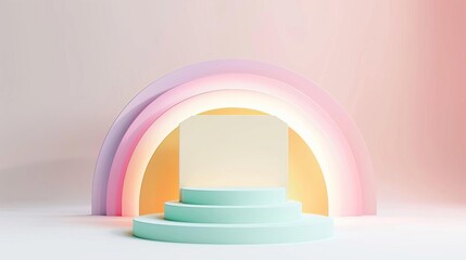 Colorful podium, abstract 3D space, radiant light effects, Watercolor style