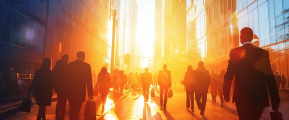 Obraz premium mMany People Business Walking Home After Work, Sunset Backlit, Blurred Motion