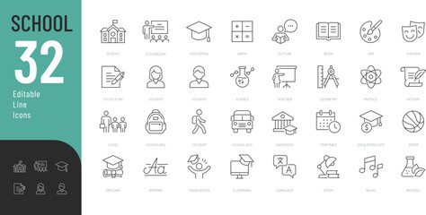 School line editable Icons set. Vector illustration in modern thin line style of education related icons: students, classroom. school subjects, and more. Pictograms and infographics
