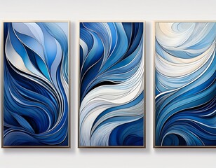 A set of three abstract modern wall art panels with flowing blue and white designs