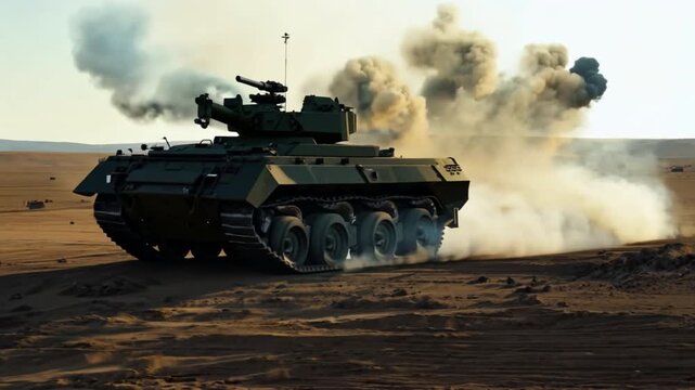 A generic military armored vehicle crosses minefields and smoke in the desert on a wide poster design that includes copy space.