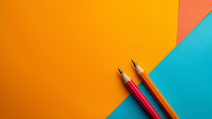 Fototapeta premium Colorful Pencils on Bright Orange, Blue, and Red Background Perfect for Back to School and Creative Art Projects