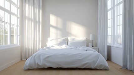 Hyper-detailed image of a simplistic bedroom, white sheets, no clutter