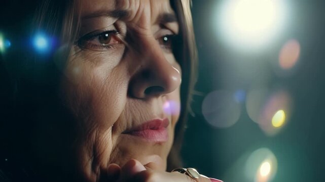 An older woman her face cled with worry and her hands tightly clasped together. The background is a dimly lit room adding to the feeling of being ped in ones own thoughts.