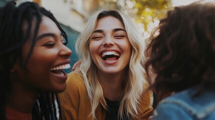 Hyper-realistic candid shot of friends laughing, genuine expressions, natural lighting