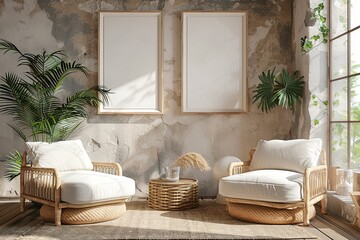 Double wooden frame mockup in boho living room interior background, 3d render, Generative AI