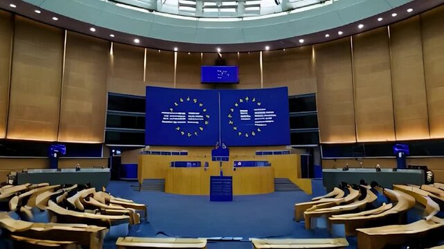 European Union Parliament Chamber with EU Flag Displayed on Screen