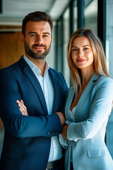 A confident business team, consisting of a man and a woman in suits, stands together in a modern office hallway.
