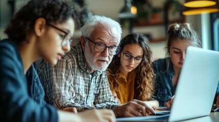 Hyper-detailed image of a senior citizen teaching technology to youth, intergenerational connection
