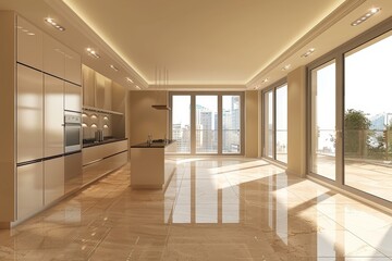 Fototapeta premium Modern interior design of apartment, empty living room with gray concrete walls, yard, panorama, Generative AI