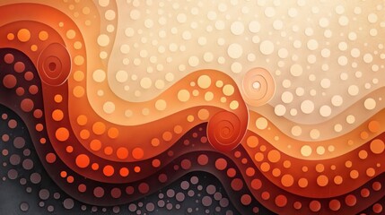 Abstract wavy pattern with circles and swirls in beige, brown and orange tones.