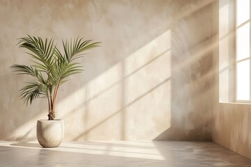 Minimalist empty room with white background, wooden ceiling and wall, concrete floor, garden view, cozy home. Copy space area for office and living rooms. 3d, Generative AI