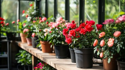 Fototapeta premium Colorful flowering plants in pots are arranged on wooden shelves, showcasing a variety of blooms in a bright greenhouse filled with natural light.