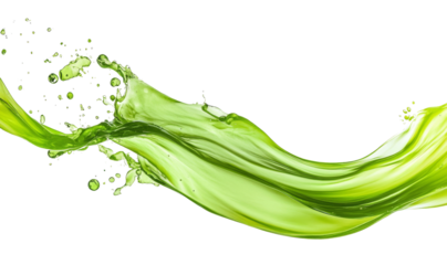 A green water wave with green drops splashing on a white or transparent background