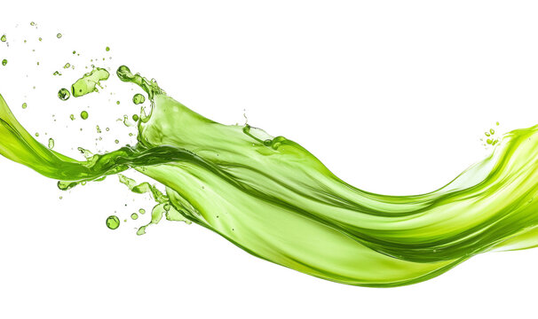 A green water wave with green drops splashing on a white or transparent background
