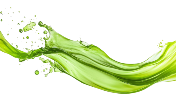 A green water wave with green drops splashing on a white or transparent background