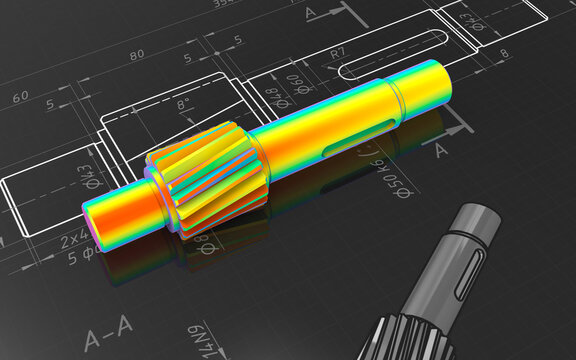 3D rendering - FEA shaft over black blueprint drawing