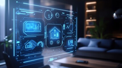 Fototapeta premium Ultra-sharp image of a futuristic smart home interface, holographic controls, minimalist design