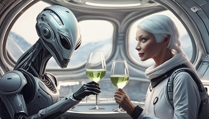 Fototapeta premium An alien and an astronaut drinking together, interstellar friendship