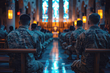 Obraz premium Members of the armed forces kneeling in prayer at a military base chapel during a ceremony on Memorial Day in America, reflective, spiritual.