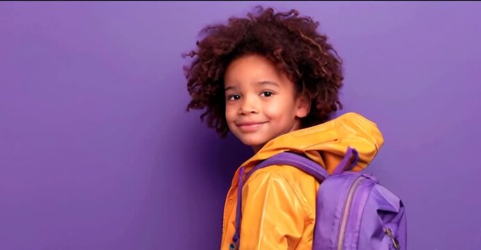 A cheerful and mischievous schoolboy with a yellow backpack on a purple background. Dynamic images that remind us of the concept of school. The beginning of the holidays. Back to school. The child is 