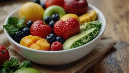 Nutritional food for heart health wellness by cholesterol diet and healthy nutrition eating with clean fruits and vegetables in heart dish by nutritionist