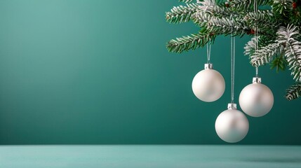 Three white Christmas ornaments hanging from a fir tree branch against a teal background.