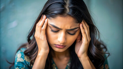 Obraz premium Depressed and Frustrated Young Indian Woman Suffering from Headache and Migraine: Causes, Symptoms, and Solutions