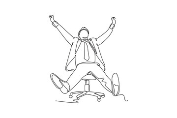 Office workers joy at work. Career, business achievement concept. Single line draw design vector graphic illustration.