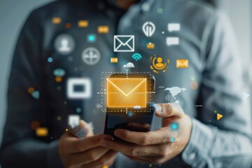A business man holding an envelope icon on his smartphone, and another person's hand is making a phone call symbolizing digital communication with them Generative AI