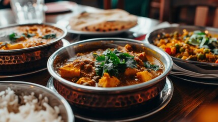 Fototapeta premium Steaming Bowl of Curry with Cilantro Garnish and Side Dishes