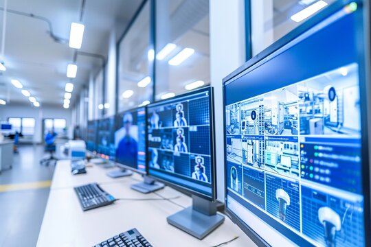 Industry 4.0 Modern Factory%3A Security Control Room with Multipoke Computer Screens Showing Surveillance Camera Footage Feed. High-Tech Security