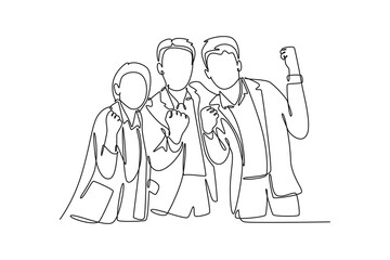 Office workers joy at work. Career, business achievement concept. Single line draw design vector graphic illustration.
