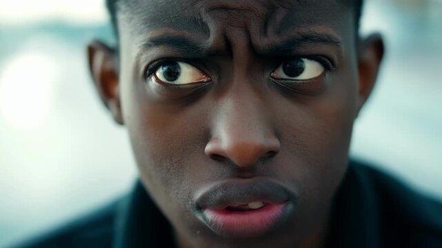 A person of unknown age or gender looks directly into the camera their face contorted in confusion and uncertainty.